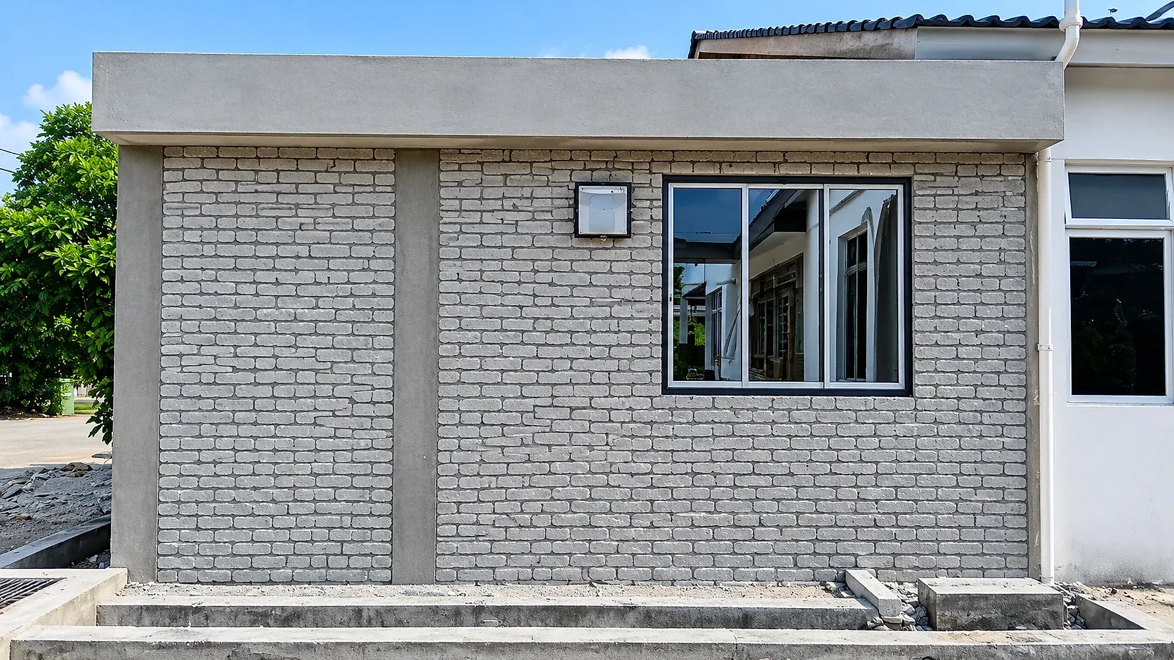 House extension: front brick wall with window opening and beam