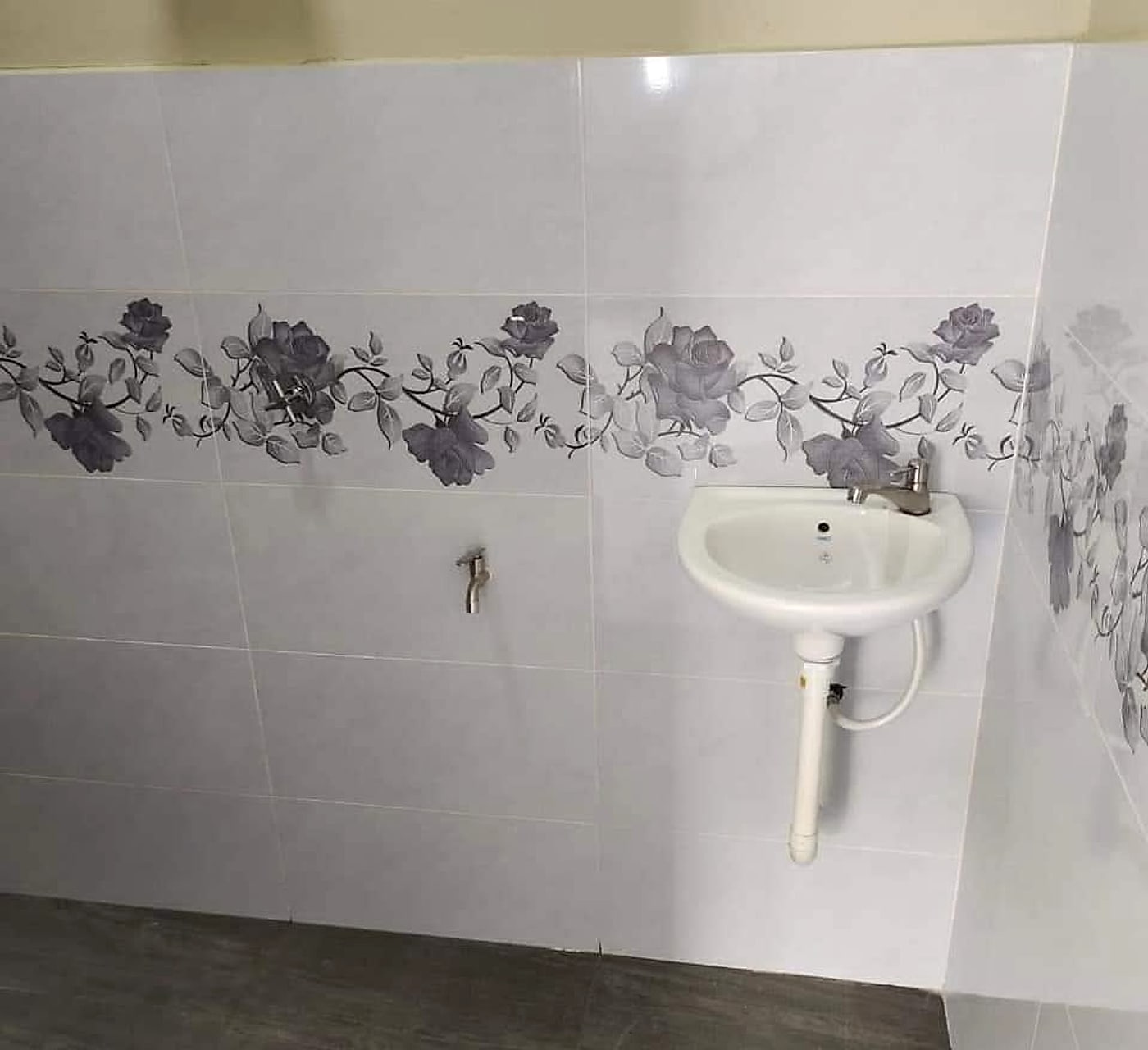 Wall-hung basin and tap below a floral tile border