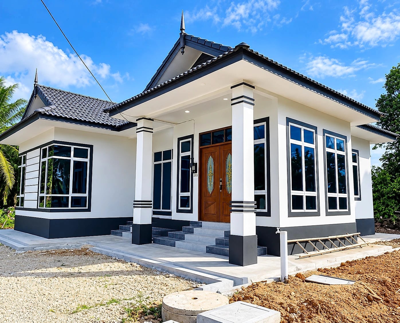 Finished gabled bungalow with black window frames and banded porch columns
