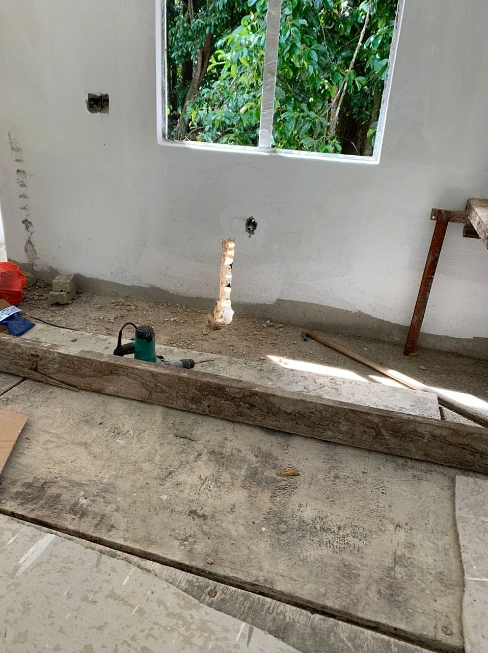 Pipe chase cut in a plastered wall