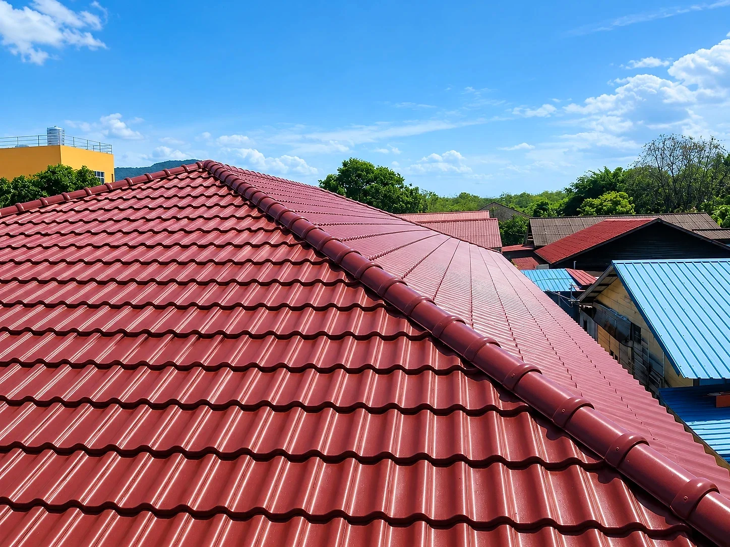 Finished roof with new maroon tiles and ridge capping