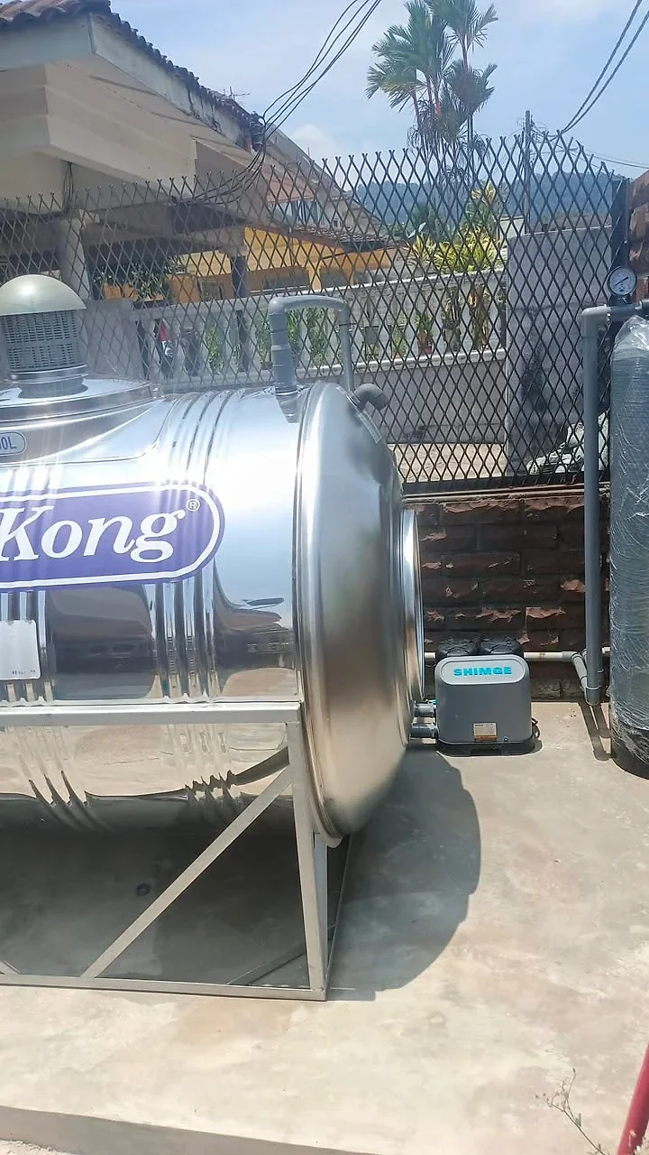 Booster pump and filter piped to the horizontal tank